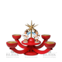 LEF 052T Adventsleuchter mit Teelichthalter und vier stehenden Engeln, rot